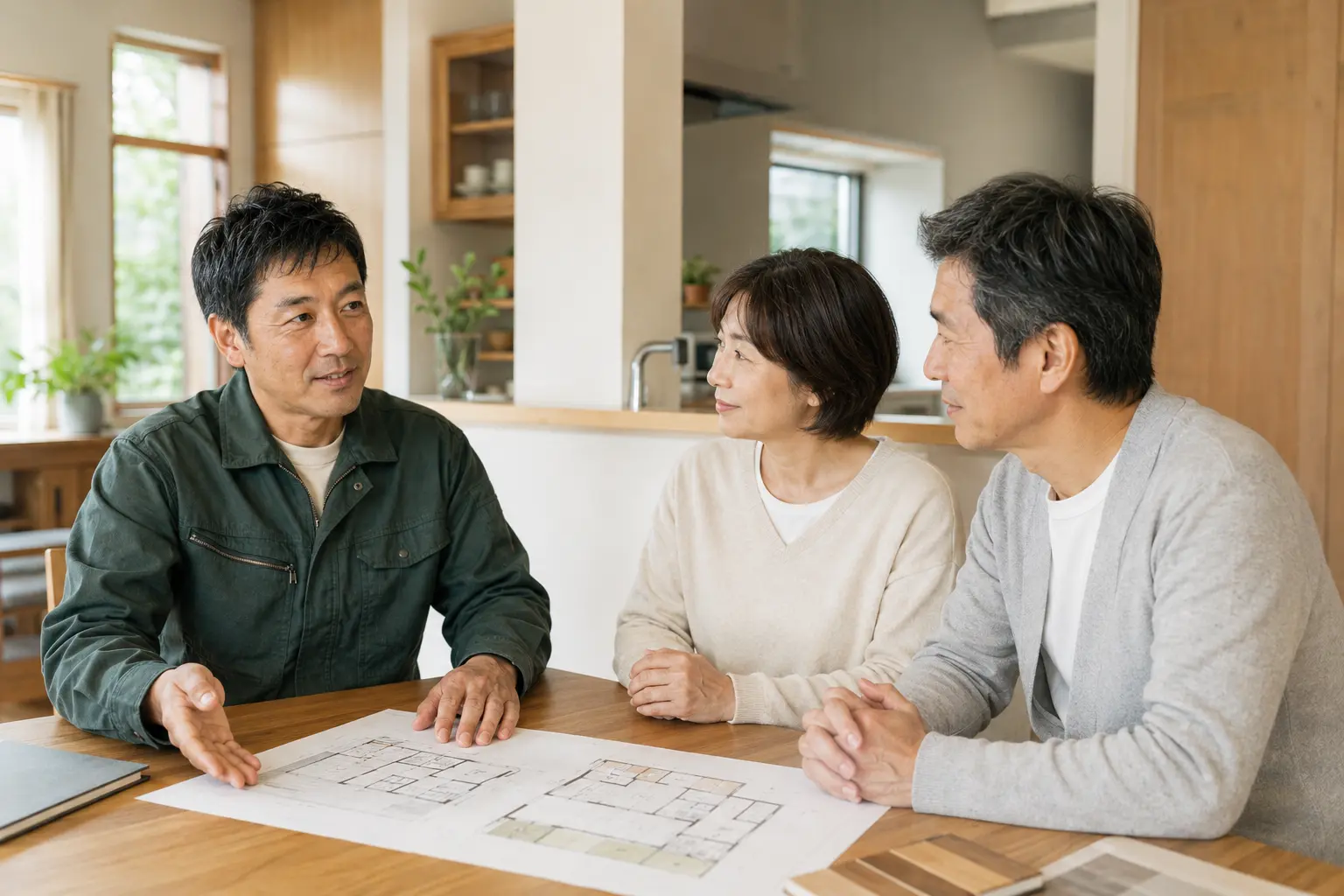 打ち合わせをする職人とご夫婦